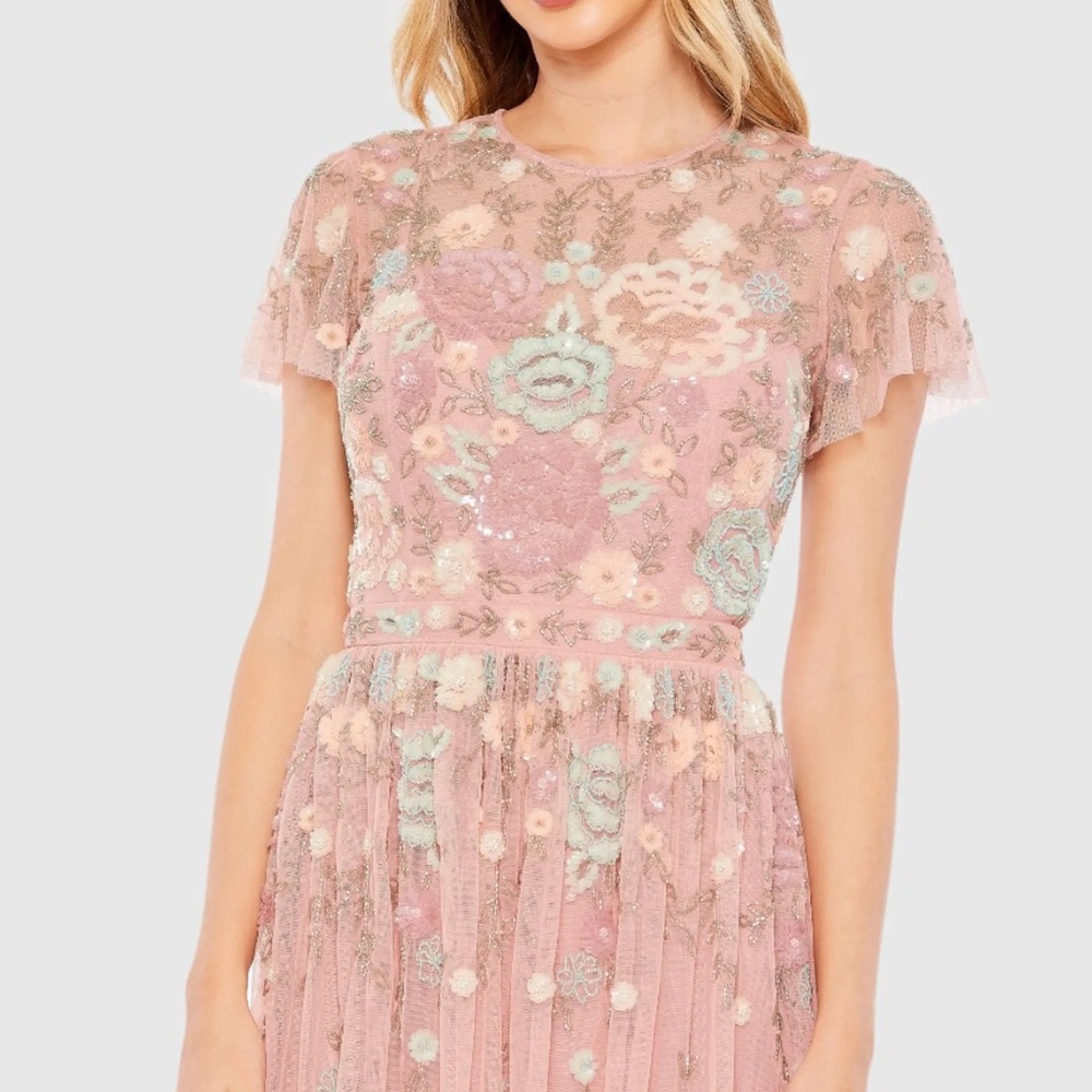 Mac Duggal Beaded Floral Flutter Sleeve Cocktail Dress – Size 8 – Dusty Rose - Picture 2 of 13